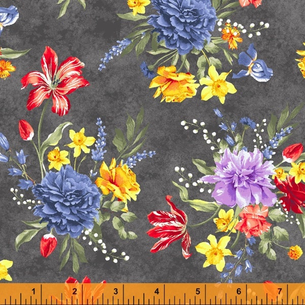 Delilah - Spring Floral on Charcoal - # 52923-2 - by Windham Fabrics - 100% Cotton Woven Fabric, Choose Your Cut