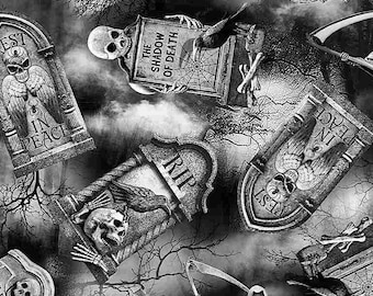 Timeless Treasures - WICKED TOMBSTONES - # C8641  BLACK - Halloween - 100% Cotton Woven Fabric, Choose Your Cut