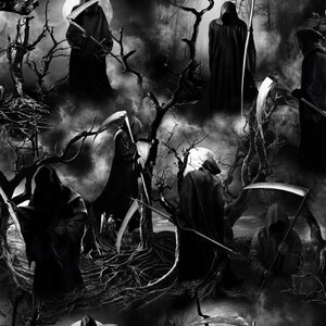 May include: A black and white fabric pattern featuring multiple hooded figures in dark robes, each carrying a scythe. The scene is set within a dense, misty forest of bare, gnarled trees under a bright moon, creating a high-contrast, dark atmosphere.