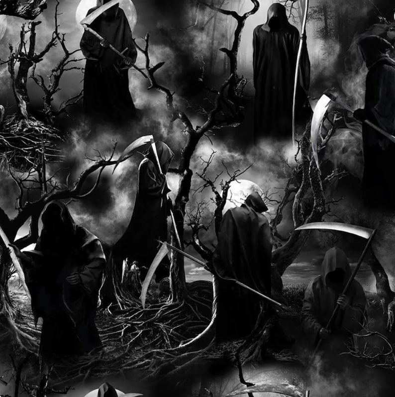 May include: A black and white fabric pattern featuring multiple hooded figures in dark robes, each carrying a scythe. The scene is set within a dense, misty forest of bare, gnarled trees under a bright moon, creating a high-contrast, dark atmosphere.