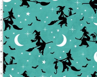 Bewhitched - Flying Witches, Bats, Black Cats - Pattern # CX9740-TEAL-D - by Michael Miller - 100% Cotton Woven Fabric -Choose Your Cut