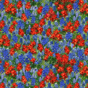 May include: A close-up of a field of wildflowers in bloom. The flowers are a mix of red and blue, with the red flowers being the more prominent. The flowers are in full bloom and are surrounded by green foliage.