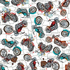 Life&#39;s a Kick - Motorcycles - # 1659-01 White - Historic Route 66 - America&#39;s Highway - Blank Quilting - 100% Cotton Woven Fabric