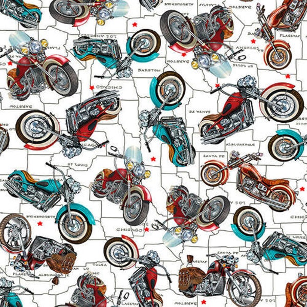 Life's a Kick - Motorcycles - # 1659-01 White - Historic Route 66 - America's Highway - Blank Quilting - 100% Cotton Woven Fabric