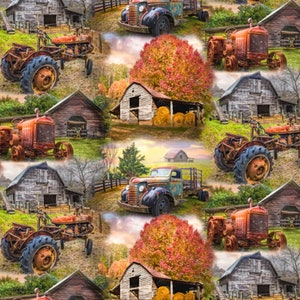 Barns and Tractors Allover - Pattern #AL-3309-6C-1 - by David Textiles - Rustic Farm Scenes - 100% Cotton Woven Fabric - Choose Your Cut