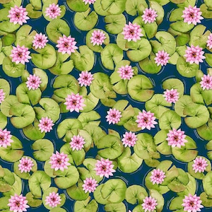 Dockside - Lily Pad Allover - # 9778-76 Green/Navy - by Henry Glass - Water Lillies - 100% Cotton Woven Fabric, Choose Your Cut