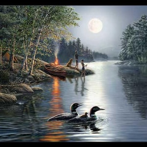 May include: A painting of a serene lakeside scene at night. Two people are fishing from a wooden canoe, while a dog sits on the shore. The moon is shining brightly in the sky, and two loons are swimming in the water.