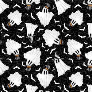 Olde Salem's Black Hat Society - Ghosts Glow - #317G-99 Black - by Henry Glass - 100% Cotton Woven Fabric - Choose Your Cut