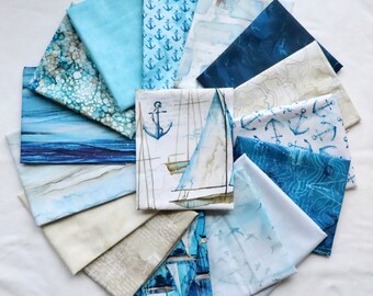 Sail Away - 16 Fat Quarters - by Northcott - Sailboats, Map, Birds, Anchors, Bottles, and Blends - 100% Cotton Woven Fabric