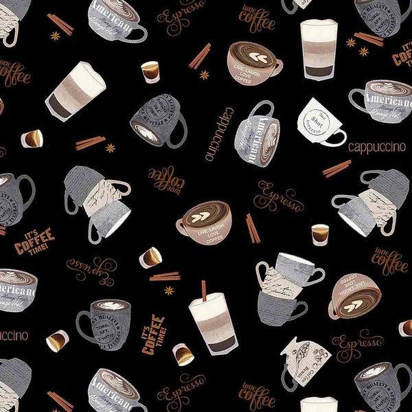 Perk Me Up - Tossed Coffees - #CD1611  BLACK - by Timeless Treasures - 100% Cotton Woven Fabric - Choose Your Cut