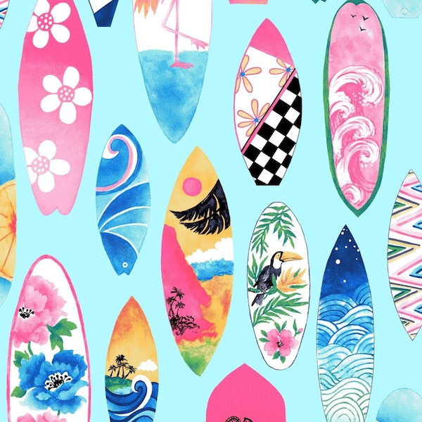 Surfside - # D3-B Blue - Surfboards - by Freckle & Lollie - 100% Cotton Woven Fabric - Choose Your Cut