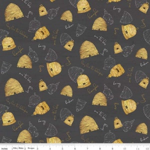 Remnant 25.5 Inches - Bee&#39;s Life Beehives Charcoal, Pattern # C10101-CHARCOAL, by Riley Blake, 100% Cotton Woven Fabric