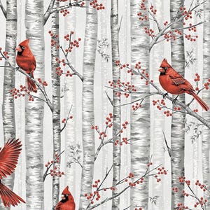 Beeren und Birke - Cardinals - #X7794-483S - Nebelsilber mit Goldmetallic Akzenten - von Hoffman - 100% Baumwollgewebe - Wählen Sie den Schnitt