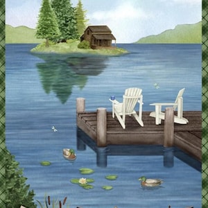 Lakefront - #3017 27678 472 - by Wilmington Prints - 2/3 Yard Fabric Panel - Lake Scene with Dock, Canoes & Cabin - 100% Cotton Woven
