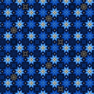 May include: A seamless pattern featuring a repeating design of blue and gold stars. The stars are arranged in a grid pattern, with each star overlapping the next. The background is a deep blue color, and the stars are a bright gold color.