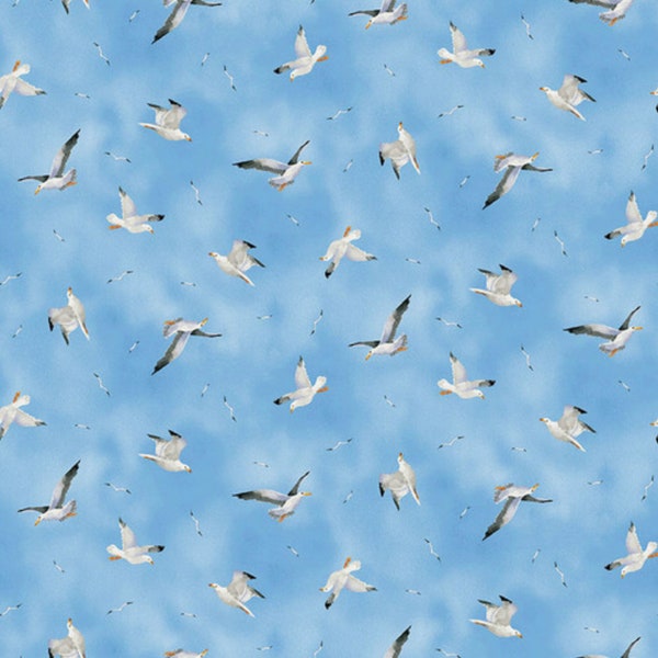 Beach Bound - Seagulls - #608-11 Blue - by Henry Glass - 100% Cotton Woven Fabric - Choose Your Cut