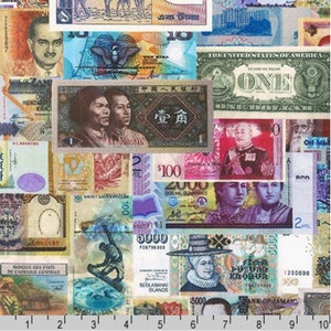 Library of Rarities - Pattern AGWD-19645-205 MULTI - by Robert Kaufman - Money Around the World - 100% Cotton Woven Fabric - Choose Your Cut