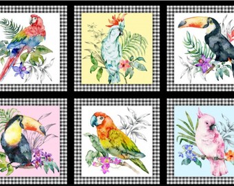 May include: A set of six colorful illustrations featuring tropical birds, including parrots, cockatoos, and toucans, perched on branches with lush green foliage and vibrant flowers.