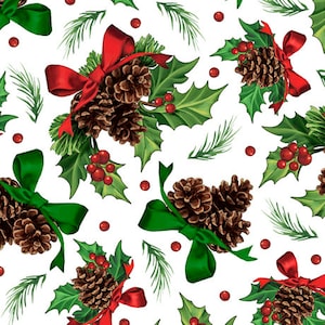 Winter Greetings - Holly and Pine - White - # 28339 -Z - by Quilting Treasures - 100% Cotton Woven Fabric - Choose Cut