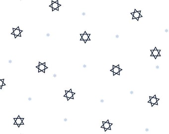 May include: White background with a repeating pattern of navy blue Star of David shapes and small light blue stars. The design is evenly spaced and creates a simple, yet elegant look.