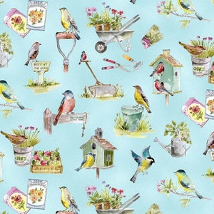 Garden Festival  - by Michael Miller - Pattern # DCX9486-BLUE-D - Backyard Gardening and Birds - 100% Cotton Woven - Choose Your Cut