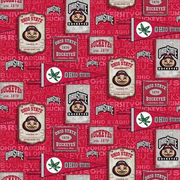 NCAA/Cotton - Ohio State Vintage Pennant - Red - Buckeyes - Sykel Enterprises - 100% Cotton Woven Fabric, Choose Your Cut