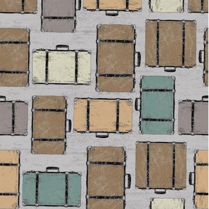 Pode incluir: Um padrão sem costura de malas vintage em várias cores e designs, incluindo marrom, bege, verde e cinza. As malas têm alças de couro e detalhes metálicos. O fundo é cinza claro.