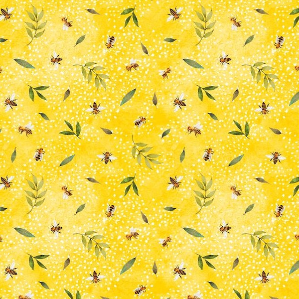 Autumn Sun - Small Bees and Leaves on Yellow - #3022 32088 578 - by Wilmington Prints - 100% Cotton Woven Fabric - Choose Your Cut