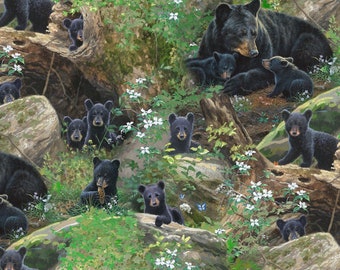 Tender Moments - #9608 Green Scenic - by Elizabeth&#39;s Studio - Black Bears in Nature - 100% Cotton Woven Fabric - Choose Your Cut