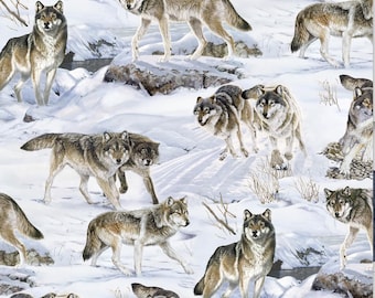 May include: A seamless pattern featuring a repeating design of grey wolves in a snowy winter landscape. The wolves are depicted in various poses, some running, some standing, and some looking directly at the viewer. The background is a light blue colour with white snow drifts.