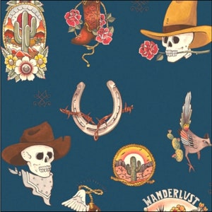 May include: A blue background with various western-themed illustrations, including a cowboy boot, a horseshoe, a cactus, a skull wearing a cowboy hat, and a bird. The text "WANDERLUST" is written in a stylized font.
