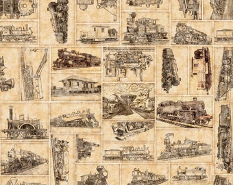 Locomotion - Train Patch Antique - #28673 -A - by Quilting Treasures - 100% Cotton Woven Fabric - Choose Cut