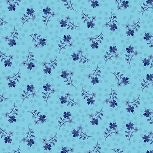 Pode incluir: Um padrão sem costura com flores azuis sobre um fundo azul claro. As flores são dispostas em um padrão repetitivo, criando um design delicado e feminino.