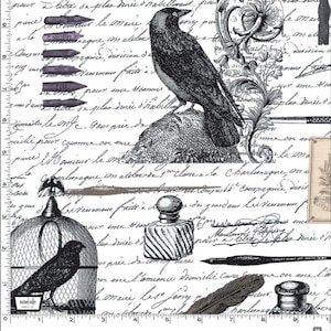 May include: A black and white fabric design featuring a crow, script, inkwells, and a birdcage. The design includes a crow perched on a rock, script, and illustrations of inkwells and a birdcage. The word "EDGAR" is at the bottom.
