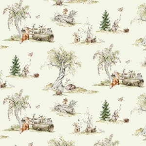 May include: A repeating pattern on a pale cream background featuring watercolor illustrations of woodland animals including foxes, rabbits, hedgehogs, and snails, interspersed with green pine trees, willow trees, logs, and small butterflies.