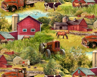 Lodge and Farm - Barns and Trucks - Red Tractor - by David Textiles - 100% Cotton Woven Fabric - Choose Your Cut
