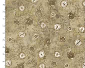First in Flight - by 3 Wishes - Lead the Way - Vintage Compasses - 100% Cotton Woven Fabric - Choose Your Cut
