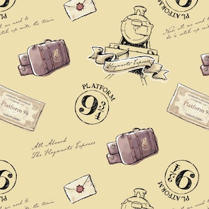 May include: A yellow background with a repeating pattern of luggage, train tickets, envelopes, and a train engine. The text "Platform 9 3/4" is repeated throughout the pattern. The text "All Aboard The Hogwarts Express" is also included in the pattern.