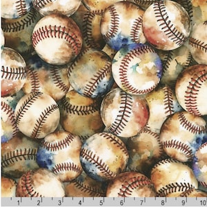 Game Day Packed Baseballs - #SRKD-22907-200 VINTAGE Watercolor Look - by Robert Kaufman - 100% Cotton Woven Fabric - Choose Cut