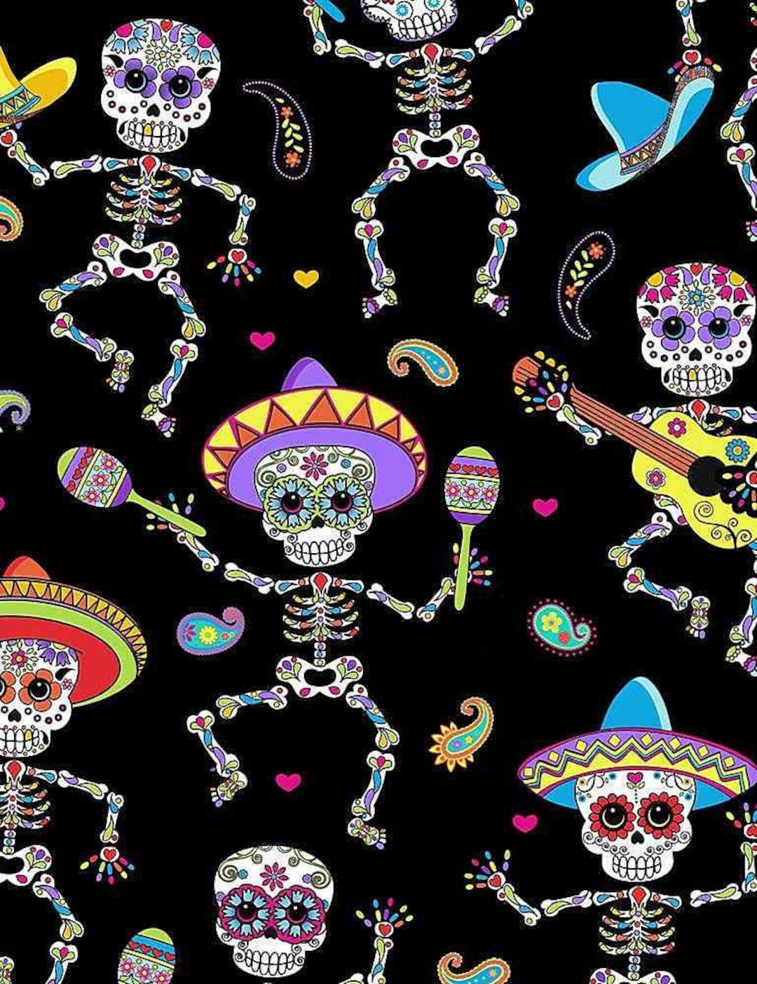 Timeless Treasures - Dancing Day of the Dead Dancing Skeletons - 100% ...