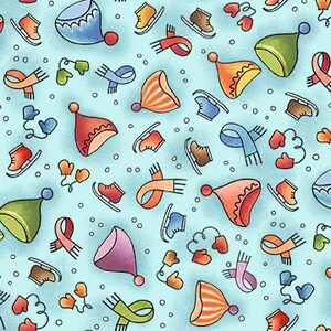 May include: A repeating pattern of winter hats, ice skates, scarves, and mittens in various colors, including blue, orange, green, and pink, on a light blue background. The design has a hand-drawn, whimsical style, with a scattering of small white dots suggesting snowflakes.