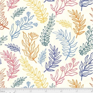 May include: A white fabric with a repeating pattern of colorful stylized leaves. The leaves are in shades of blue, green, yellow, orange, and pink.