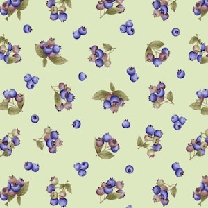 Berrylicious #1582-67 Green/Blue - Tossed Blueberry Sprigs - by Henry Glass - 100% Cotton Woven Fabric - Choose Your Cut