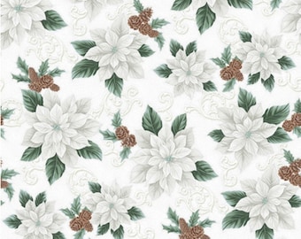 Christmas Splendor Poinsettia - #W7776-3S-White-Silver with Metallic Accents - by Hoffman - 100% Cotton Woven Fabric - Choose Cut