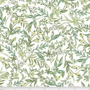 May include: A white background with a repeating pattern of green leaves and small white flowers. The pattern is reminiscent of a watercolour painting.