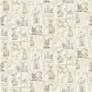 May include: A seamless pattern featuring a repeating design of white rabbits with brown accents on a beige background. The rabbits are in various poses, some standing, some sitting, and some hopping. The background is a light beige with a subtle texture.
