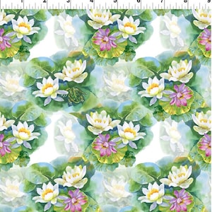 May include: Watercolor painting of white water lilies with green leaves and pink flowers on a white background.