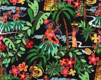 Leis, Luaus & Alohas on Black - Pattern # 15093B - Beach Scenics - Alexander Henry - 100% Cotton Woven Fabric