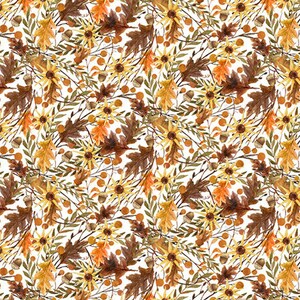 May include: A seamless pattern featuring watercolor illustrations of autumn leaves, flowers, and acorns in shades of brown, orange, and yellow on a white background.