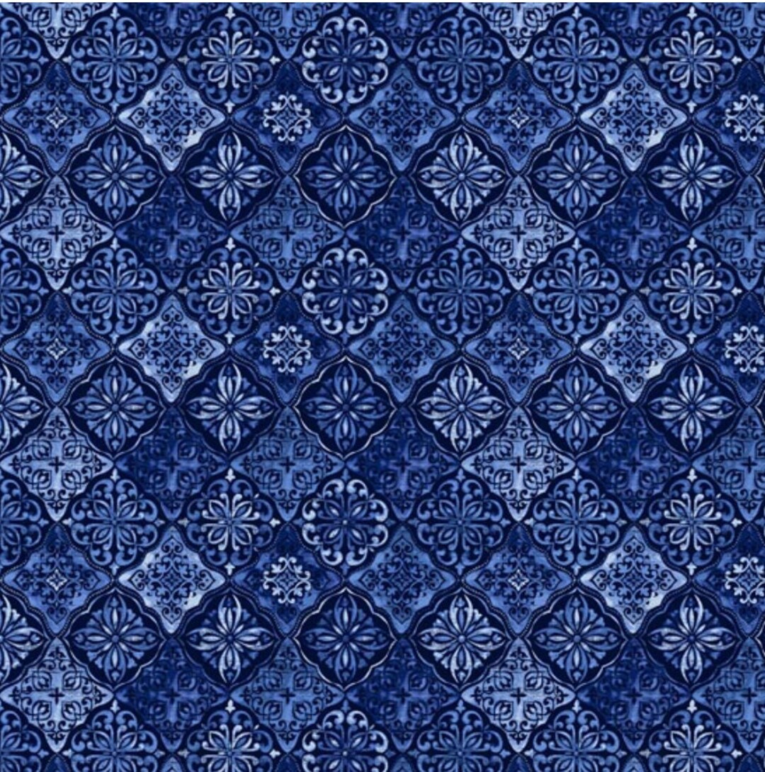 Blue & White Elegance Tile Dk Blue Pattern BEN-9494-58 by Benartex 100% ...